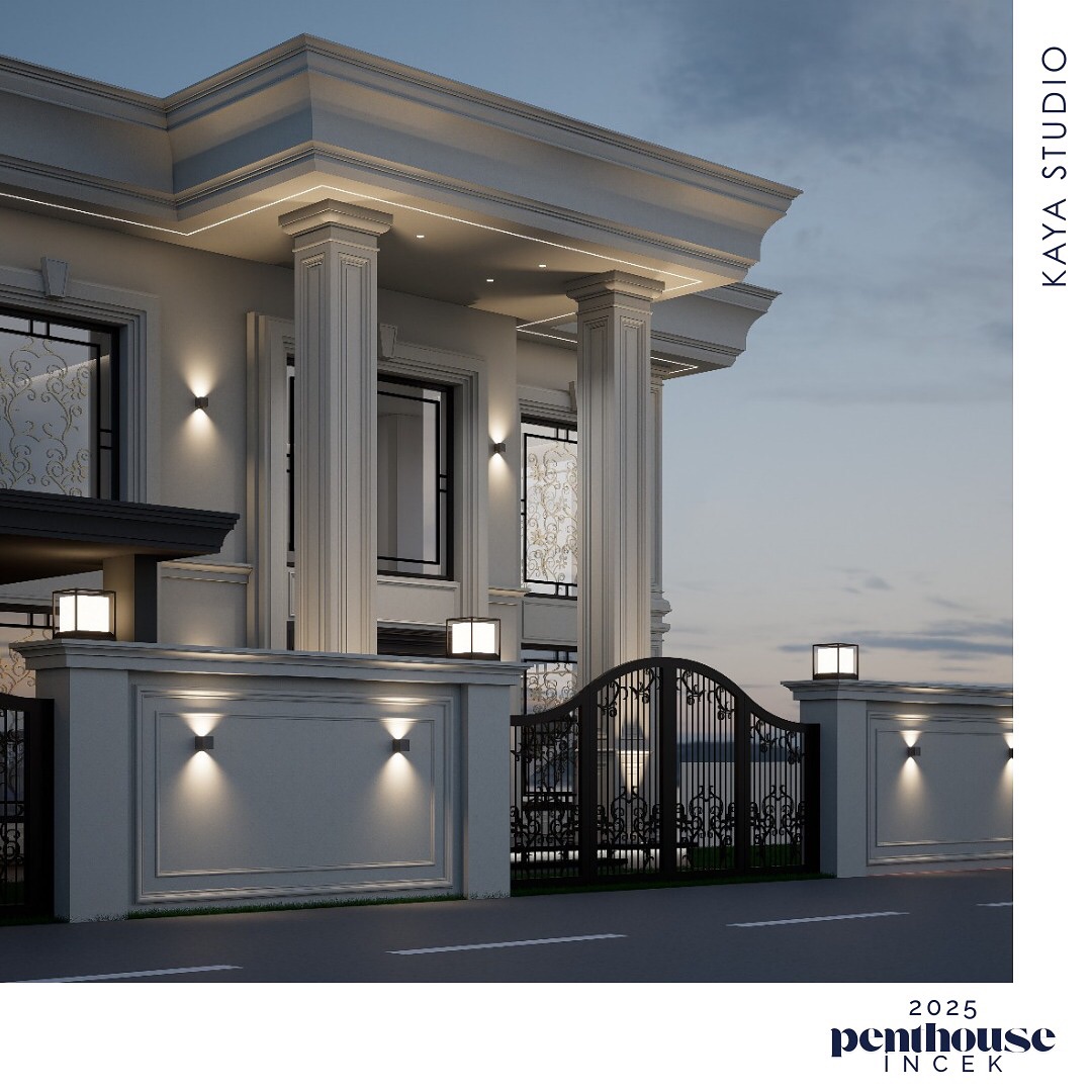 Penthouse İncek 2025 — Kaya + Partners villa cephe konsept render'ı; neoklasik kolonlu portal, demir kapı detayı, dış aydınlatma