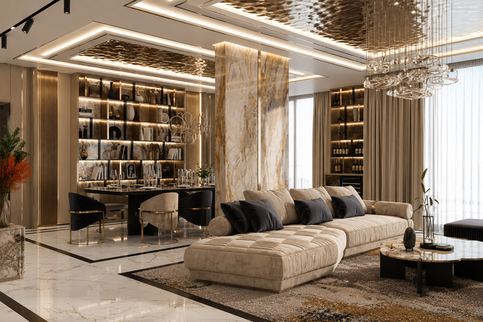 İncek Villa salon iç mimarisi — altın damarlı onyks kolon ve dalgalı altın tavan paneli