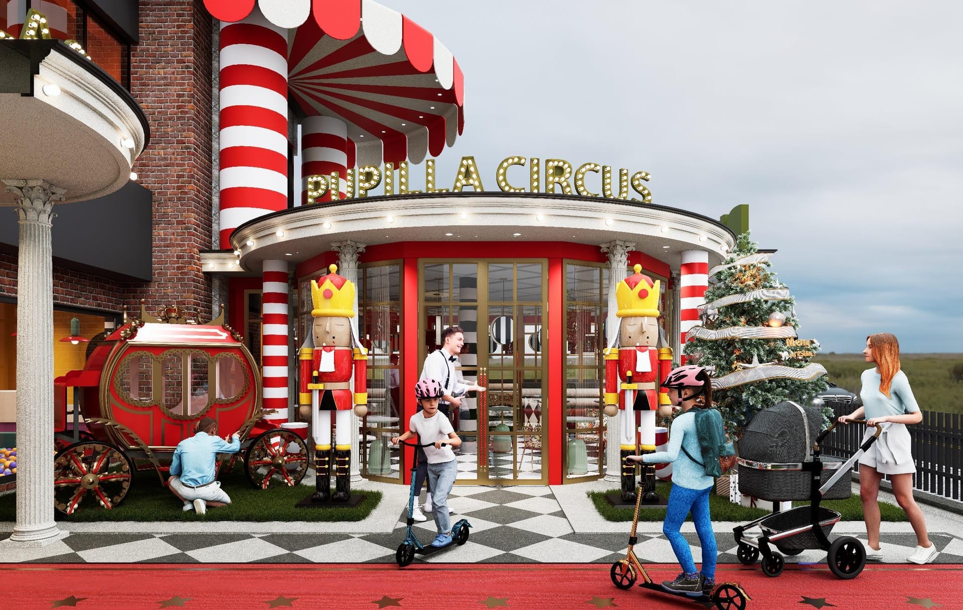 Pupilla Circus Ankara eğlence merkezi cephe tasarımı — ışıklı sirk çadırı ve marka harfleri